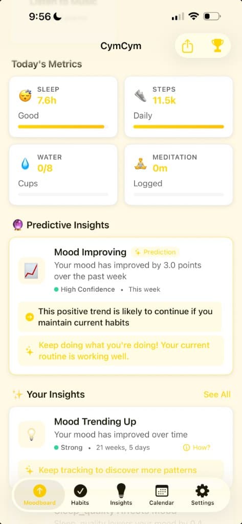 CymCym — moodboard with health metrics and predictive mood insights