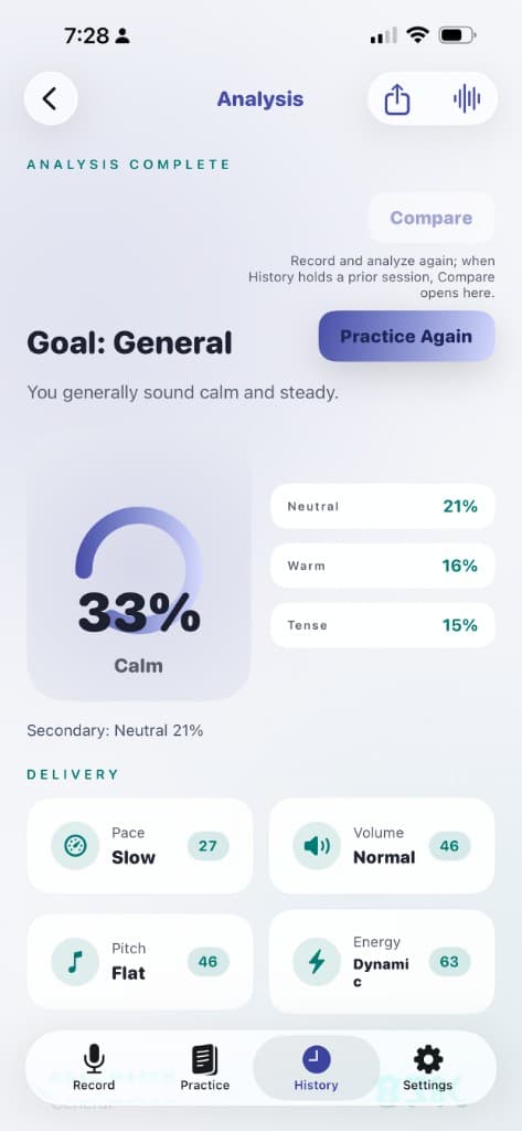 SoundToneCoach — analysis screen showing tone goal, calm score, and delivery metrics